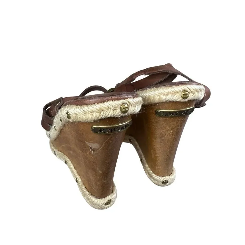Michael Kors Y2K Brown Leather Studded Espadrille Wedge Sandals Size 6
